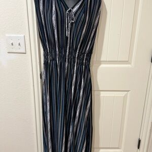 Blue and White Sleeveless V-Neck Maxi Sundress